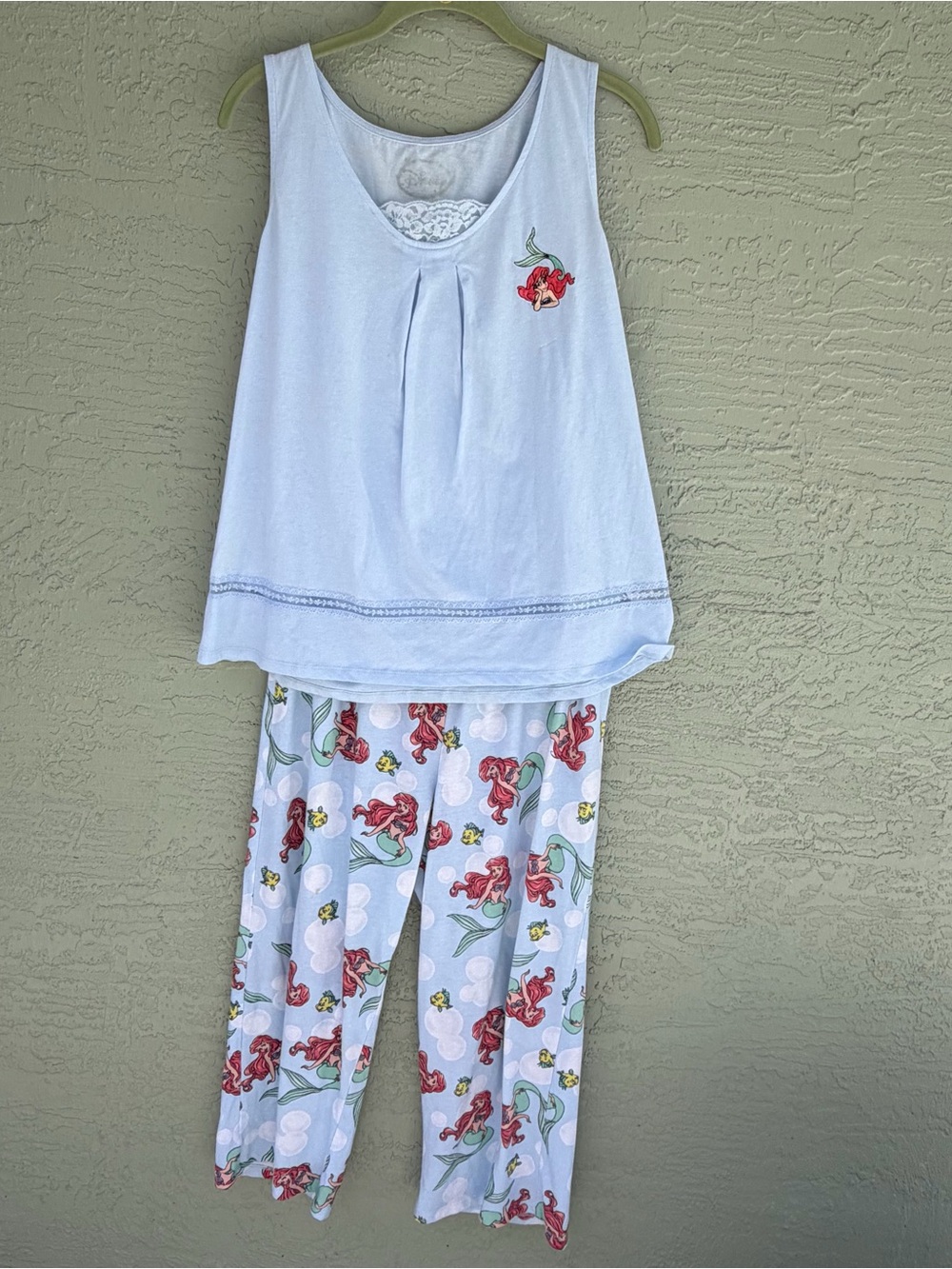 Disney Light Blue Tank & Ariel & Flounder Little Mermaid  Print Pajama Set Sz M